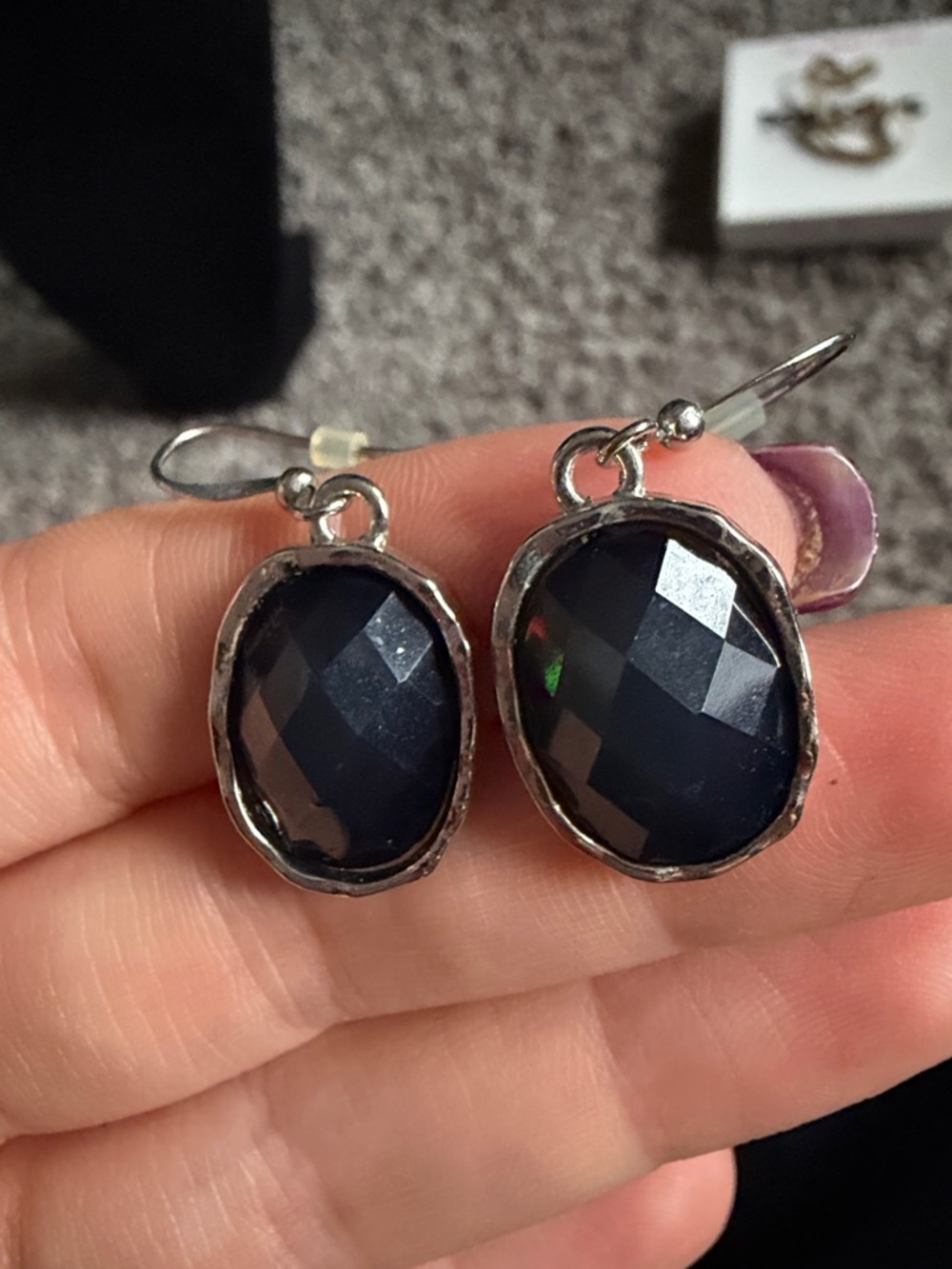 Silver Drop Earrings with Dark Navy Faceted Stones - Picture 6 of 7